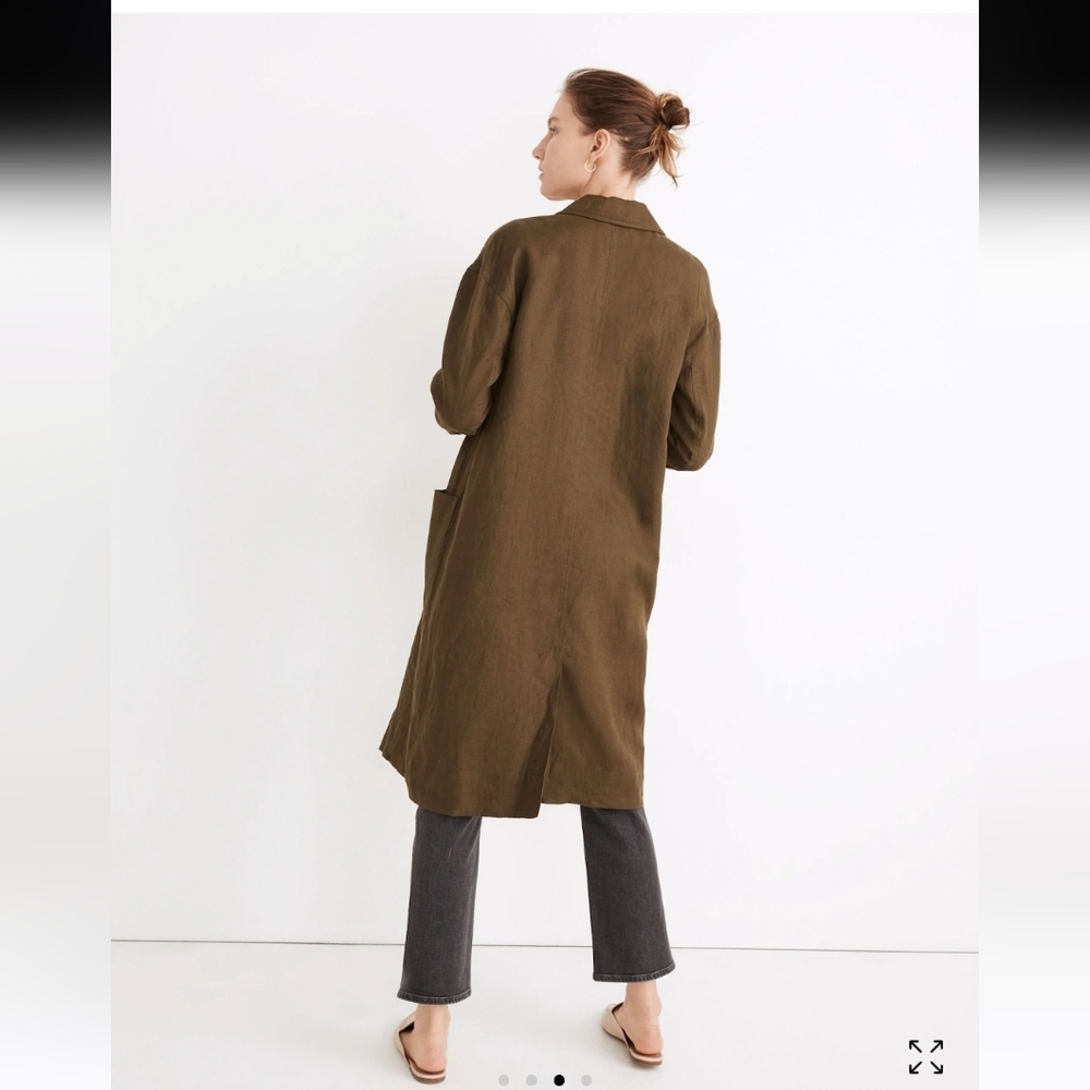|| MADEWELL || Linen Duster Army Green Pockets Button Down Jacket Sz S - Picture 2 of 12